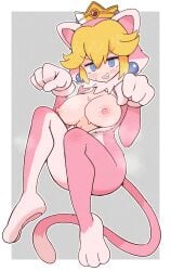 animal_costume animal_hood blue_eyes blush breasts breasts_out cat_costume cat_hood cat_peach cat_tail catsuit crown earrings female highres hood jewelry kurachi_mizuki large_breasts looking_at_viewer mario_(series) naughty_face nipples official_alternate_costume partially_unzipped paw_pose princess_peach smile solo sphere_earrings steaming_body super_mario_3d_world tail zipper