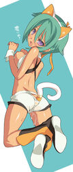 anal_beads anal_beads_tail animal_ears aquarion_(series) aquarion_evol blade_(galaxist) blush boots breasts cat_ears fake_animal_ears female green_hair hair looking_back lying on_stomach open_mouth purple_eyes pussy_juice ribbon sex_toy short_hair short_shorts shorts simple_background solo sweat tail translation_request uncensored wrist_cuffs zessica_wong