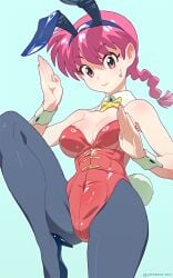 1girls bunny_ears bunnysuit cameltoe clothing leg_up looking_at_viewer ponytail ranma-chan ranma_1/2 ranma_saotome red_hair simple_background small_breasts tagme yonezawa_mao