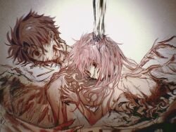 2boys absurdres blood blood_in_hair blood_on_face bloody_wings brown_hair chundizhouqin commentary distortion earrings empty_eyes english_commentary gore guro hand_on_another's_chest hatsutori_hajime highres jewelry long_hair male_focus male_ryona multiple_boys nude pink_hair red_eyes saibou_shinkyoku short_hair theodore_riddle white_wings wide-eyed wings