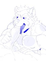 2024 2boys anthro balls balls_outline blowjob blowjob_only fangs furry furry_ears furry_male gay gay_blowjob kamidraws licking_penis looking_at_penis male_only muscular muscular_male neck_fluff not_colored pubic_hair sucking_tip veins