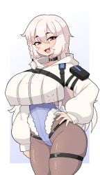 1girls big_breasts braid brown_eyes commission cropped_hoodie female female_only hand_on_hip hi_res hoodie j5daigada leotard long_hair looking_at_viewer pantyhose skindentation smiling smiling_at_viewer solo thick_thighs thigh_strap white_hair