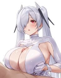 1boy armpit_cutout bodysuit breasts censored cinderella_(nikke) clothing_cutout commentary_request female goddess_of_victory:_nikke grey_hair hair_over_one_eye highres huge_breasts long_hair looking_ahead mosaic_censoring open_mouth paizuri penis red_eyes simple_background straight sweat twintails warubo white_background white_bodysuit