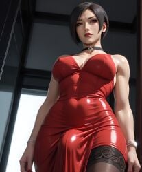 ada_wong ai_generated asian_female black_choker black_hair black_stockings brown_eyes eogard_orc futa_bulge futanari jewelry looking_at_viewer red_dress resident_evil self_upload short_hair stable_diffusion tight_dress view_from_below