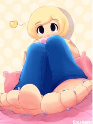 barefeet barefoot blonde_hair blush clothed color cute_face foot_worship giantess gigamarie jeans macrophilia marie_(gigamarie) smilling tagme wholesome