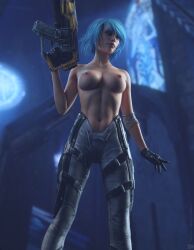 3d blue_hair female gun human missally nyx_(quake_champions) quake quake_champions topless video_games