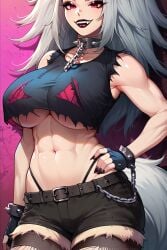 1girls ai_generated armwear big_breasts breasts chains collar crop_top dog_collar female huge_breasts indie_virtual_youtuber large_breasts leash long_hair muscular muscular_female nail_polish navel red_eyes short_shorts shorts silver_hair smile solo solo_female solo_focus tank_top thighhighs virtual_youtuber wide_hips wolf_ears wolf_girl wolftreya zentreya