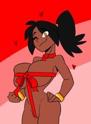 1girls big_breasts black_hair breasts dark-skinned_female dark_skin female furiousart hand_on_hip imani_(zrfurious) naked nude ponytail pussy valentine's_day wrapped wrapped_up yellow_eyes zrfurious