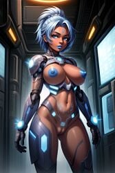 1girls ai_generated big_breasts blue_eyes blue_light blue_lips blue_lipstick blue_nipples breasts cybernetic_arm cybernetic_leg cybernetic_legs cybernetics cyberpunk cyborg dark-skinned_female dark_skin female female_only hourglass_figure jfxjxf light_blue_hair looking_at_viewer naked naked_female navel nipples nude nude_female ponytail pussy robot_joints robotic_arm short_hair solo solo_female solo_focus standing