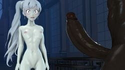 1boy dark-skinned_male dominica9 female glossy_body imminent_sex interracial large_penis light-skinned_female looking_down nervous nude pale_skin rwby scared standing weiss_schnee white_hair