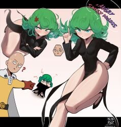 1boy 1girls anger_vein angry ass big_ass breasts clothed clothing curly_hair female_focus green_hair multiple_views one-punch_man ryz_ryz saitama short_hair simple_background small_breasts tagme tatsumaki thick_thighs thighs wide_hips