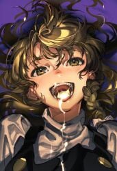 ai_generated black_vest blonde_hair blush braid cum cum_in_mouth cum_on_tongue female fluffyhairenjoyer kirisame_marisa long_hair looking_at_viewer messy_hair no_headwear novelai open_mouth shirt side_braid single_braid solo teeth tongue tongue_out touhou vest white_shirt yellow_eyes