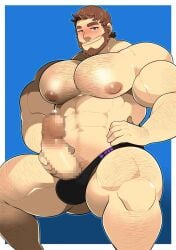 2d 2d_(artwork) 2d_artwork bara barazoku beard bearded big_muscles big_pecs black_thong black_underwear blush blush body_hair color colored cyan_eyes erect_penis erection hair hairy hairy_chest looking_at_viewer muscular muscular_male pixel_prismatic takezamurai thick_thighs thong twitch_streamer underwear vtuber