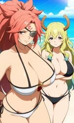 2girls ai_generated baiken beach bikini blonde_hair breasts_bigger_than_head busty cleavage crossover eyepatch female female_only green_hair guilty_gear huge_breasts large_breasts lucoa miss_kobayashi's_dragon_maid quetzalcoatl_(dragon_maid) red_hair tagme