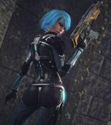 3d blue_hair female human looking_at_viewer looking_back looking_back_at_viewer missally nyx_(quake_champions) quake quake_champions video_games