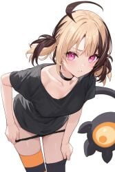 ai_generated artist_request black_and_orange_hair black_hair black_shirt clothed gigi_murin highres hololive hololive_english hololive_english_-justice- looking_at_viewer no_pants orange_hair pink_eyes pussy_covered removing_clothing shirt shirt_covering_privates small_breasts tail thighhighs thighs virtual_youtuber vtuber