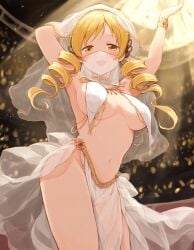 1girls ai_generated belly_dancer blonde_hair breasts cleavage kwg mahou_shoujo_madoka_magica medium_breasts navel smile thighs tomoe_mami yellow_eyes