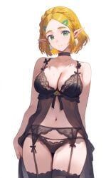 ai_generated bare_arms bare_belly bare_shoulders belly_button big_breasts black_bra black_panties black_thighhighs blonde_hair blush bra braided_hair breasts camisole choker cleavage closed_mouth collarbone earrings elf garter_belt garter_straps green_eyes lace-trimmed_bra lace-trimmed_panties lingerie panties pointy_ears princess princess_zelda setsuaiart short_hair smile sweatdrop the_legend_of_zelda thighhighs thighs underwear zettai_ryouiki