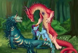 anthro bone breasts dragon fellatio female feral forest forest_background genitals group group_sex hi_res hybrid hybrid_genitalia hybrid_penis illkillux2 male male/male/female mythological_creature mythological_scalie mythology nature nature_background oral penile penis piercing plant scalie sex size_difference skull skull_head threesome tree trio