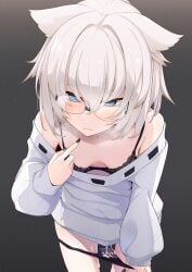 animal_ears black_bra black_nails black_panties blue_eyes blush bra cable_knit cum cum_in_pussy cum_on_clothes cumdrip downblouse female glasses hand_in_panties heart heavy_breathing highres licorice_(noja_kichi) looking_at_viewer off-shoulder_sweater off_shoulder ogami_kazuki original panties panty_pull saliva short_hair solo sweater underwear white_hair white_sweater