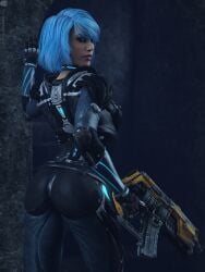 3d blue_hair female gun human looking_at_viewer looking_back looking_back_at_viewer missally nyx_(quake_champions) quake quake_champions video_games