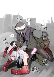 1boy absurdres animal_ears blush clenched_teeth clothed_sex commentary_request fake_animal_ears female full_body gas_mask girls'_frontline girls'_frontline_2:_exilium grabbing_another's_hair grey_hair highres holding_another's_leg krolik_(girls'_frontline_2) long_hair mask penis rabbit_ears rape red_eyes sex sex_from_behind straight sugac teeth x-ray