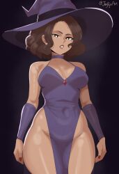 1girls bare_shoulders brown_eyes brown_hair charlotte_(suoiresnu) choker cleavage covered_navel dark-skinned_female dress gauntlets jaypyroart looking_at_viewer no_bra no_panties original original_character painted pelvic_curtain purple_dress side_slit sideboob small_breasts solo witch witch_hat