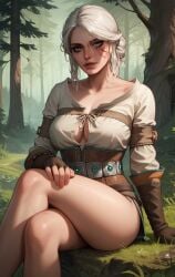 ai_generated ass breasts ciri clothing crossed_legs eepol female forest green_eyes light-skinned_female looking_at_viewer mascara outdoors scar solo the_witcher_(series) the_witcher_3:_wild_hunt white_hair