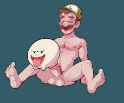 1boy anal anal_sex balls ballsack boo_(mario) brown_hair duo erection facial_hair gay ghost green_hat hat human interspecies jellitix light-skinned_male light_skin luigi male male_nipples mario_(series) moustache nintendo nipples nude nude_male open_mouth penis penis_in_anus pubic_hair sex sitting tongue tongue_out yaoi