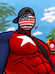 2boys bara baseball_cap big_breasts big_pecs big_pectorals china_(countryhumans) countryhumans latte_4later male male_focus male_only pecs solo solo_focus solo_male united_states_of_america_(countryhumans)