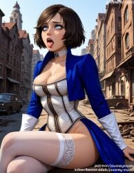 ahe_gao ai_generated arm_support bangs bioshock bioshock_infinite black_hair blue_eyes blue_sky breasts brown_hair building car choker city cityscape cleavage clothing cloud corset cropped_jacket crossed_legs day detached_sleeves dress elizabeth elizabeth_(bioshock_infinite) elizabeth_comstock female female female_only ground_vehicle jacket jewelry jousneystudio large_breasts legwear lips long_sleeves looking_at_viewer looking_up makeup medium_breasts motor_vehicle open_mouth outdoors short_hair sitting sky solo thighhighs thighs tongue tongue_out white_thighhighs