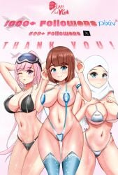 3girls arabian bikini blas7hatvga blue_eyes brown_hair eimi_(swimsuit)_(blue_archive) exhibitionism hijab micro_bikini multiple_girls original original_character sling_bikini slingshot_swimsuit