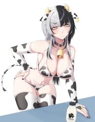 arm_support bell bikini black_hair blush bovine breasts cleavage collar cow_print detached_sleeves fake_animal_ears fake_tail frown hololive hololive_english large_breasts long_hair looking_back milk milk_bottle multicolored_hair navel shiori_novella table thighhighs white_hair wide_hips yellow_eyes