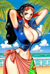 accurate_art_style accuratemanga ai_generated beach black_hair blue_eyes breasts day female female_only gigantic_breasts happy huge_ass huge_breasts large_breasts light-skinned_female light_skin long_hair looking_away manga nico_robin one_piece original outdoors outside slim_waist smile standing suggestive thick_thighs