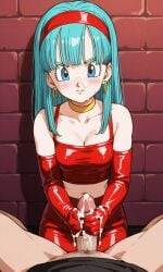 ai_generated bra_(dragon_ball) bra_briefs bulla_brief cum dbz dragon_ball_z handjob handjob_with_gloves latex patent_leather