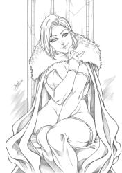 black_and_white bottomless bottomless_female covering_pussy daniele_torres ed_benes_studio emma_frost hellfire_club marvel marvel_comics no_panties traditional_art traditional_media_(artwork) white_queen x-men