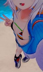 3d bikini bikini_top boots fansly female female_focus female_only filian filian_(vtuber) indie_virtual_youtuber jacket open_clothes open_mouth selfie small_boobs small_breasts streamer tagme v_sign virtual_youtuber vrchat vtuber white_hair