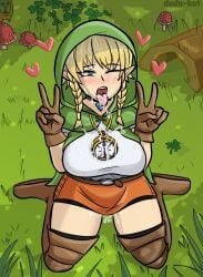 1girls cum cum_in_mouth cumshot dodo-bot female_only hyrule_warriors hyrule_warriors_definitive_edition linkle sitting solo the_legend_of_zelda