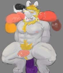 2017 anthro asgore_dreemurr balls bara blonde_hair boss_monster bukkake caprine cocoronut crown cum cum_on_face dildo facial_hair gangbang goat group group_sex hair horn hypnosis male male_only mammal mind_control nude penetration penis precum sex sex_toy undertale vein veiny_penis video_games yaoi