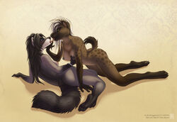 2013 black_hair breasts female grey_fur grope hair hyena kissing licking nude raccoon shinigamigirl tongue white_hair yuri