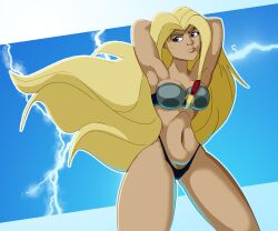 1girl 1girls avengers background big_ass big_breasts big_hips bikini bikini_armor black_thong blonde-haired_female blonde_female blonde_hair blue_eyes brown_eyebrows digital_art electricity female female_only lighting long_hair marvel next_avengers pose posing request toned toned_body toned_female torunn_thorsdóttir unknown_artist