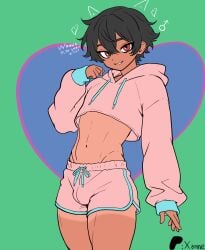 1boy 2d artist_name bulge clothed clothed_male color crop_top cropped_hoodie cute dark-skinned_femboy dark-skinned_male dark-skinned_sissy dark-skinned_twink dark_hair dark_skin english_text femboy femboy_only full_color hoodie looking_at_viewer male male_only navel non-nude original red_eyes short_shorts shorts smiling solo tanline tanned_skin text xamne