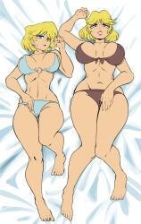 2girls bare_shoulders barefoot belly_button blonde_female blonde_hair blue_bikini blue_bra blue_eyes blue_eyeshadow bra breasts brown_bra brown_panties clenched_teeth dakimakura eyeshadow female female_focus female_only front_view full_body light-skinned_female light_skin lipstick looking_at_viewer lori_loud milf mother_and_daughter multiple_girls navel nickelodeon nicktoons open_mouth panties rita_loud short_hair smile teenage_girl teenager the_loud_house thick thick_thighs unmecorron