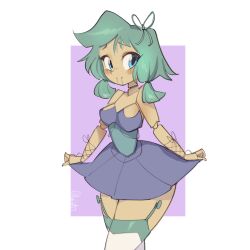 big_thighs blue_eyes cute doll doll_girl dress dress_lift female green_hair marionette original original_character puppet puppet_girl thick_thighs