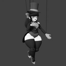 alsogmg animate_inanimate big_ass black_shirt female gloves gray_background hat huge_ass looking_at_viewer magician_hat marionette original original_character puppet puppet_girl puppet_strings thick_ass thick_thighs white_body white_skin