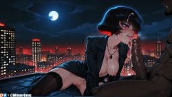 1boy after_fellatio after_sex ai_generated bangs black_hair black_jacket blush bob_cut bottomless breasts building censored cityscape cleavage clothed_female_nude_male cloud collarbone cum cum_in_mouth cum_on_body cum_on_breasts cum_on_hair cum_on_penis cum_on_tongue cumdrip dark-skinned_male dark_skin deadlock erection facial fellatio female formal full_moon heart interracial jacket jewelry large_breasts large_penis licking licking_penis long_sleeves male_pubic_hair medium_breasts mina_(deadlock) moon multicolored_hair navel necklace night night_sky nipples no_bra no_panties nude office_lady open_clothes open_mouth oral outdoors pendant penis pubic_hair pussy red_eyes red_hair rooftop short_hair sitting sky solo_focus star_(sky) starry_sky straight suit testicles thighhighs thighs tongue tongue_out two-tone_hair uncensored veins veiny_penis wienergens