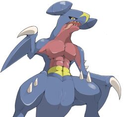 ambiguous_gender feral garchomp genital_slit male muscles nintendo pokemon pokemon_(species) sharp_teeth slit teeth tongue white_background wide_hips yellow_eyes