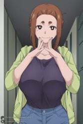 1female 1girl 1girls 2026 ai_generated artist_name big_ass big_breasts black_shirt breasts brown_eyes brown_hair closed_mouth curvy denim hi_res high_quality high_resolution highres hood huge_ass huge_breasts jacket jeans kaii_to_otome_to_kamikakushi large_breasts looking_at_viewer mature_female mole mole_under_eye ogawa_sumireko pants patreon patreon_username shirt smile solo thick_eyebrows unjobdespiert watermark