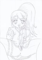 2011 arm_gloves bakugan_battle_brawlers breasts dated futa_only futanari gloves intersex julie_makimoto large_breasts long_hair moaja monochrome open_mouth ponytail simple_background solo standing traditional_media white_background