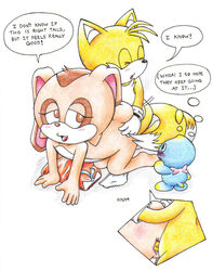 1boy 1girls 1other ambiguous_gender anthro body_fur chao_(sonic) cheese_the_chao color cream_the_rabbit duo_focus erection female fluffy_tail fox furry interspecies male open_mouth penis penis_in_vagina rabbit sega sex shadowlink350 sonic_(series) speech_bubble straight tails text toony vaginal_penetration veiny_penis